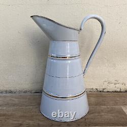 Vintage French Enamel Pitcher Jug Water Enameled White and Gold 2903253