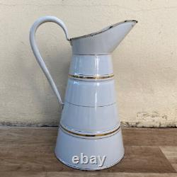 Vintage French Enamel Pitcher Jug Water Enameled White and Gold 2903253