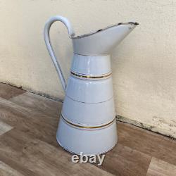 Vintage French Enamel Pitcher Jug Water Enameled White and Gold 2903253