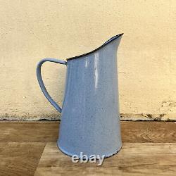 Vintage French Enamel pitcher jug water enameled blue tiny 2409226