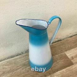Vintage French Enamel pitcher jug water enameled blue white 0802187