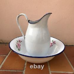 Vintage French Enamel pitcher jug water enameled bowl set 0607201