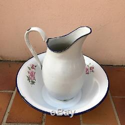 Vintage French Enamel pitcher jug water enameled bowl set 30031730