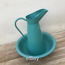 Vintage French Enamel pitcher jug water enameled bowl set blue green 2804184