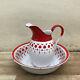 Vintage French Enamel Pitcher Jug Water Enameled Bowl Set Red White 1110182