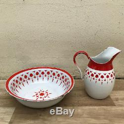 Vintage French Enamel pitcher jug water enameled bowl set red white 1110182