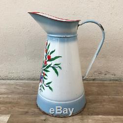 Vintage French Enamel pitcher jug water enameled flowers RARE 0802189