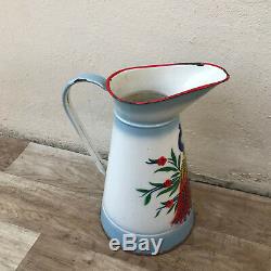 Vintage French Enamel pitcher jug water enameled flowers RARE 0802189