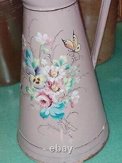 Vintage French Enamel pitcher jug water enameled flowers butterfly