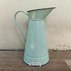 Vintage French Enamel pitcher jug water enameled light green 1409216