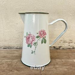 Vintage French Enamel pitcher jug water enameled milk roses 2605221