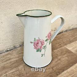 Vintage French Enamel pitcher jug water enameled milk roses 2605221