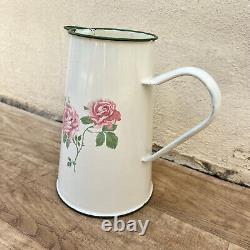 Vintage French Enamel pitcher jug water enameled milk roses 2605221