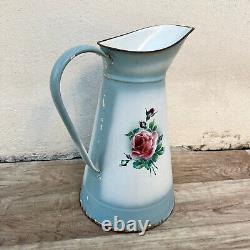 Vintage French Enamel pitcher jug water enameled white blue flowers rose 0610227
