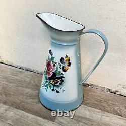 Vintage French Enamel pitcher jug water enameled white blue flowers rose 0610227