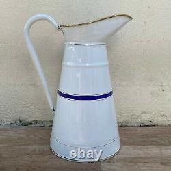 Vintage French Enamel pitcher jug water enameled white blue line 2808212