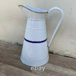 Vintage French Enamel pitcher jug water enameled white blue line 2808212