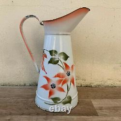 Vintage French Enamel pitcher jug water enameled white flowers RARE 0603191