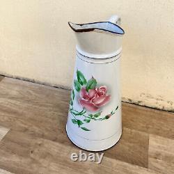 Vintage French Enamel pitcher jug water enameled white flowers rose 1707223