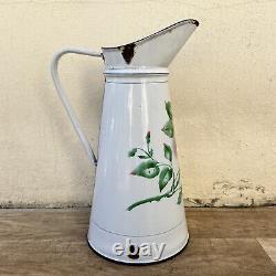 Vintage French Enamel pitcher jug water enameled white flowers rose 1707223