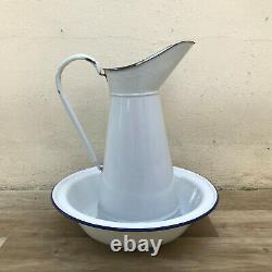Vintage French Enamel pitcher jug water enameled white with basin 0601209