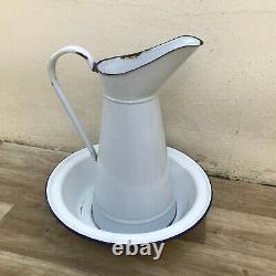 Vintage French Enamel pitcher jug water enameled white with basin 0601209