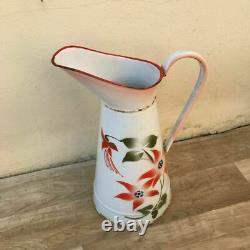 Vintage French Enamel pitcher jug water enameled white with flowers 2601182