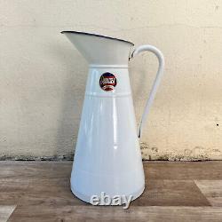 Vintage French Enamel pitcher jug water enameled white with tag 1008223