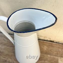 Vintage French Enamel pitcher jug water enameled white with tag 1008223