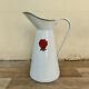 Vintage French Enamel Pitcher Jug Water Enameled White With Tags 1906249