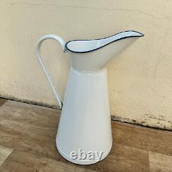 Vintage French Enamel pitcher jug water enameled white with tags 1906249