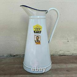 Vintage French Enamel pitcher jug water enameled white with tags JAPY 2808211