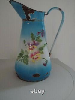 Vintage French Enamel pitcher jug water enameled with flowers