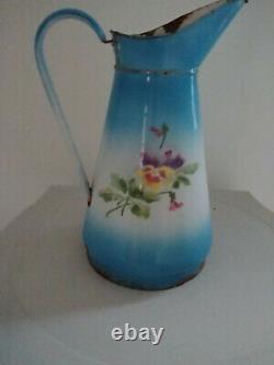 Vintage French Enamel pitcher jug water enameled with flowers