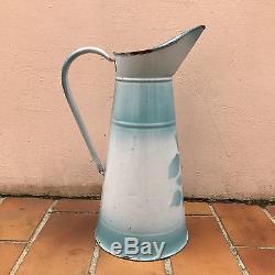 Vintage French Enamel pitcher jug white water enameled flowers blue rare