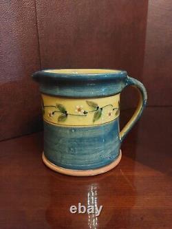 Vintage French Hand-Painted Glazed Terra Cotta Pitcher/ Jug with Maker's Stamp