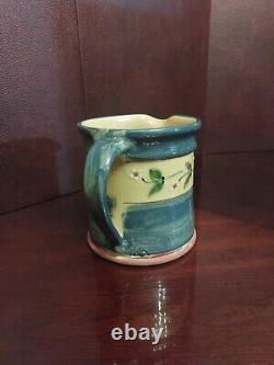 Vintage French Hand-Painted Glazed Terra Cotta Pitcher/ Jug with Maker's Stamp