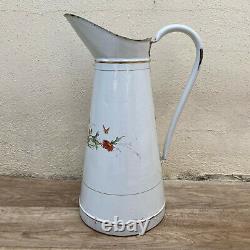 Vintage French JAPY Enamel pitcher jug water enameled white FLOWERS 08112011