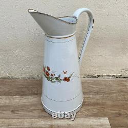 Vintage French JAPY Enamel pitcher jug water enameled white FLOWERS 08112011
