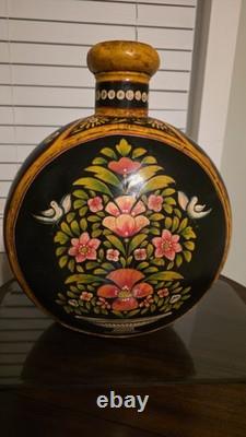 Vintage Hand Hammered Indo-raj Water Jug Pitcher Hand Painted Black Floral Decor