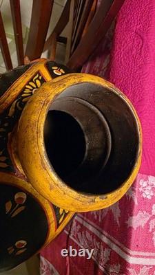 Vintage Hand Hammered Indo-raj Water Jug Pitcher Hand Painted Black Floral Decor