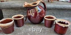 Vintage Hull Pottery Ball Water Pitcher Brown Drip plus 4 McCoy Cups