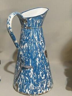 Vintage Large French Blue & White Swirl Granite/Enamelware water pitcher/jug