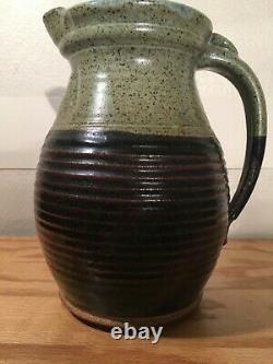 Vintage Large Stoneware Pottery Water Jug Pitcher with Lid, Signed, Beautiful