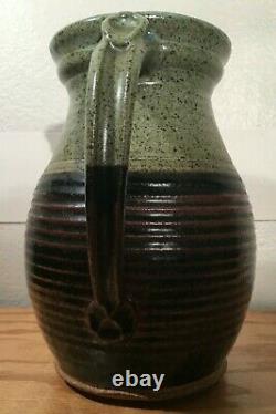 Vintage Large Stoneware Pottery Water Jug Pitcher with Lid, Signed, Beautiful