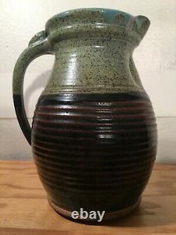 Vintage Large Stoneware Pottery Water Jug Pitcher with Lid, Signed, Beautiful