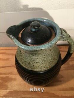 Vintage Large Stoneware Pottery Water Jug Pitcher with Lid, Signed, Beautiful