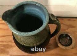 Vintage Large Stoneware Pottery Water Jug Pitcher with Lid, Signed, Beautiful