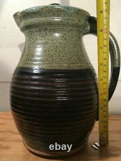 Vintage Large Stoneware Pottery Water Jug Pitcher with Lid, Signed, Beautiful