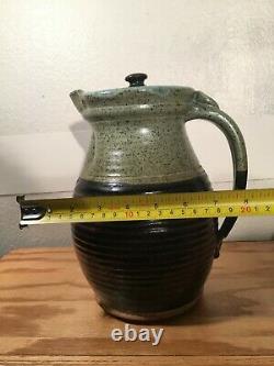 Vintage Large Stoneware Pottery Water Jug Pitcher with Lid, Signed, Beautiful